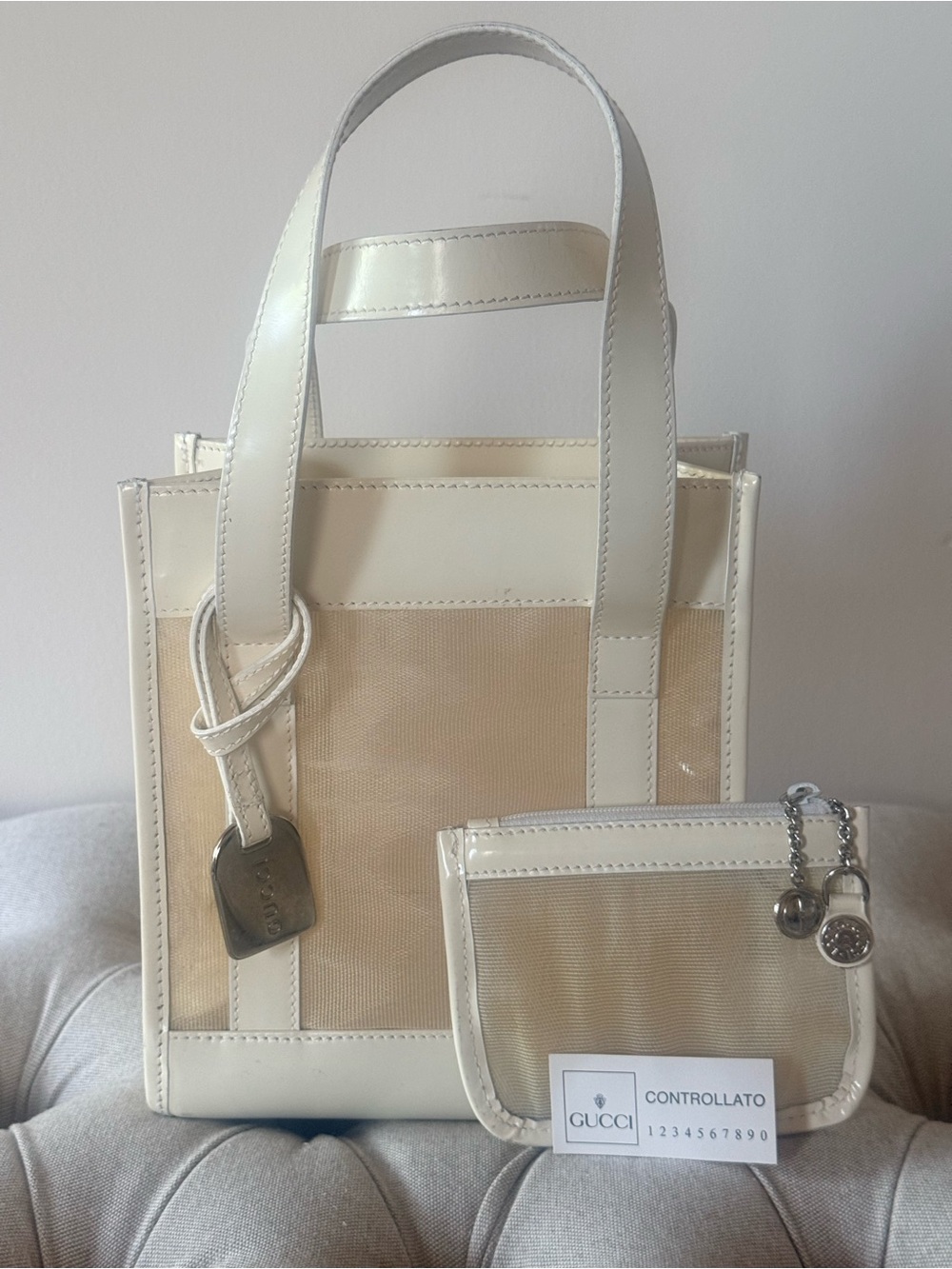 GUCCI ARCHIVAL Tom Ford Mesh Patent Leather Mini Tote Bag Set Cream Nude Pouch